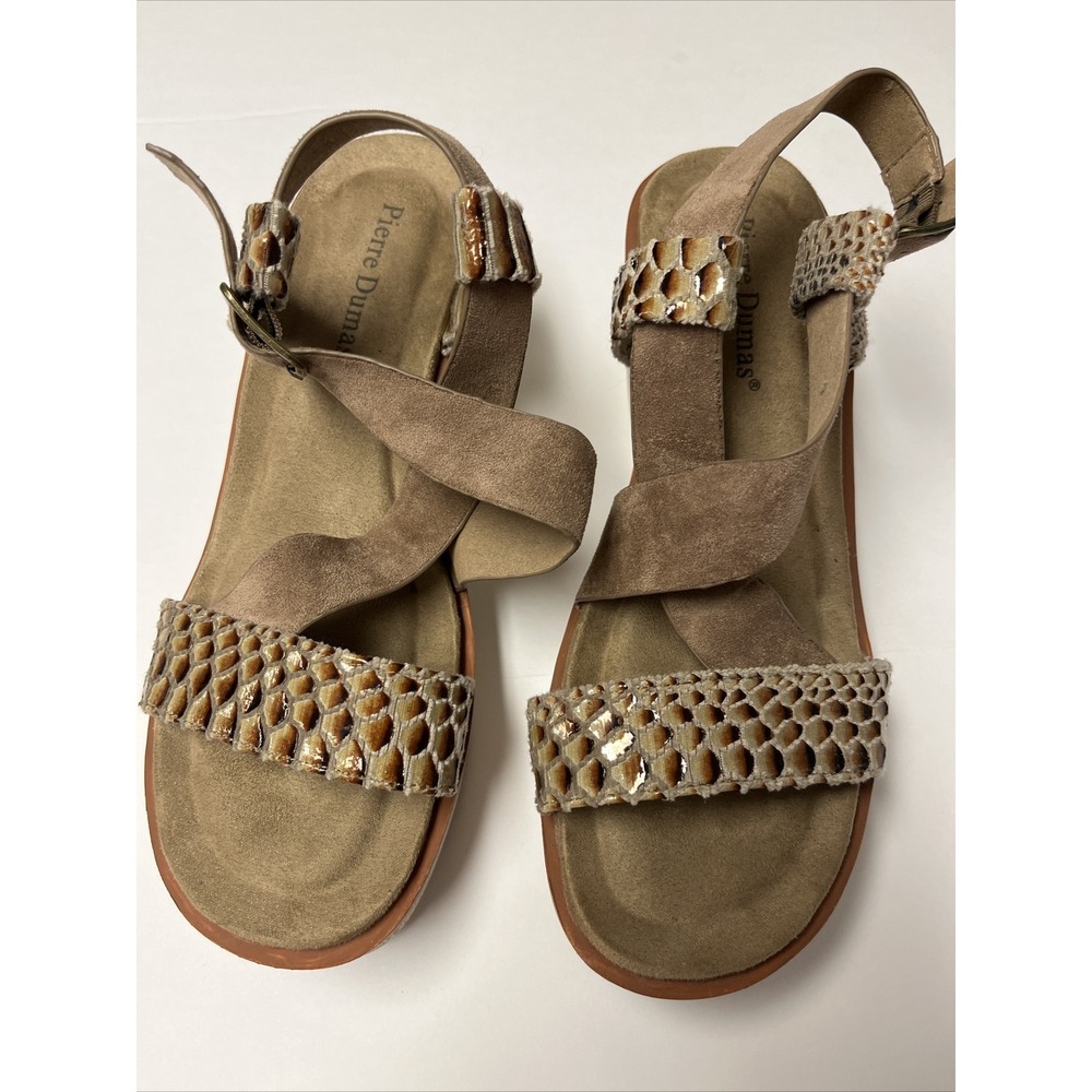 Pierre Dumas Strappy Sandals size 8.5 Brown Reptile And Suede Block Heels
